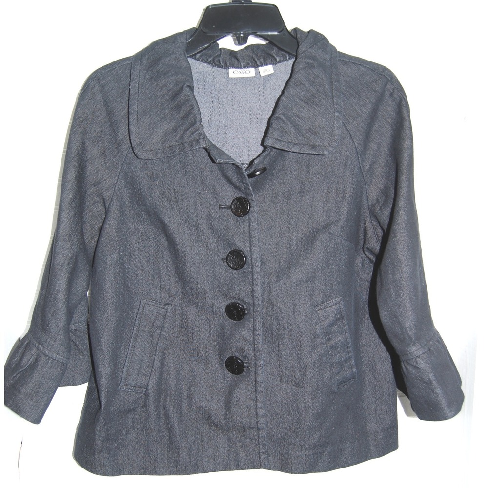 Women's denim Jacket size medium Cato 3/4 sleeve Chunky button Ruffle trim